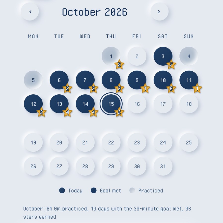 Practice calendar showing 10 goal days and the stars earned each day